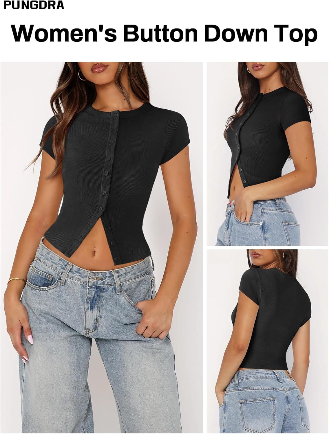 Women's Button Down Shirt Cap Sleeve Tops for Women Button Up Ribbed Knit Slim Fit Casual Y2K Crop Going Out Top - Image 3