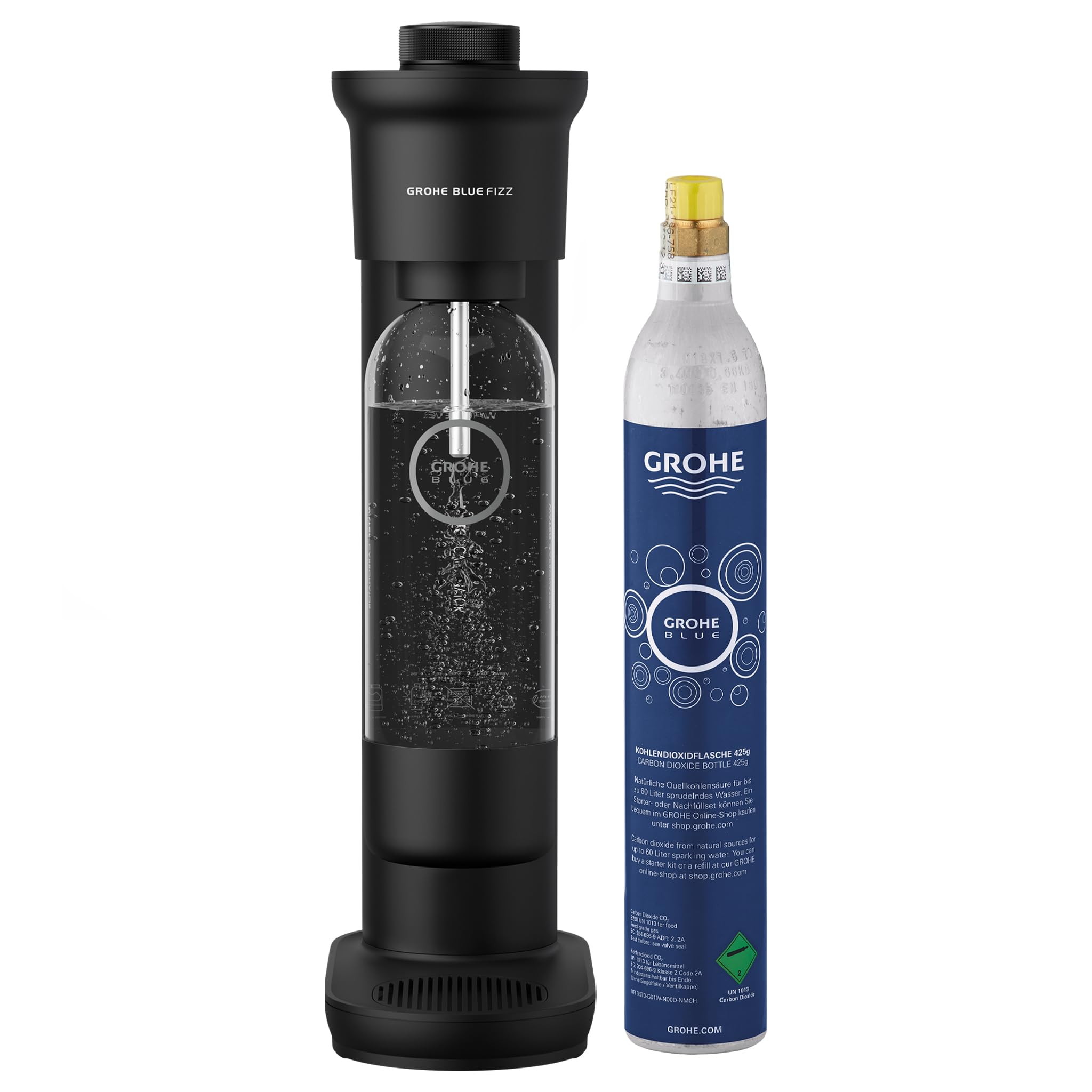 GROHE Blue Fizz, Wassersprudler Starter Set (3 einstellbare Sprudel-Stufen, mit CO2 Flasche, 1x 0,85l Wasserflasche + Reinigungspulver), weiß, 31941L00