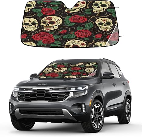Day of The Dead Sugar Skull Car Windshield Sun Shade Rose Skull Front Window Sunshade Foldable Reflective Sun Visor for SUV Truck Van Sun Protection Visors Blocks UV Rays