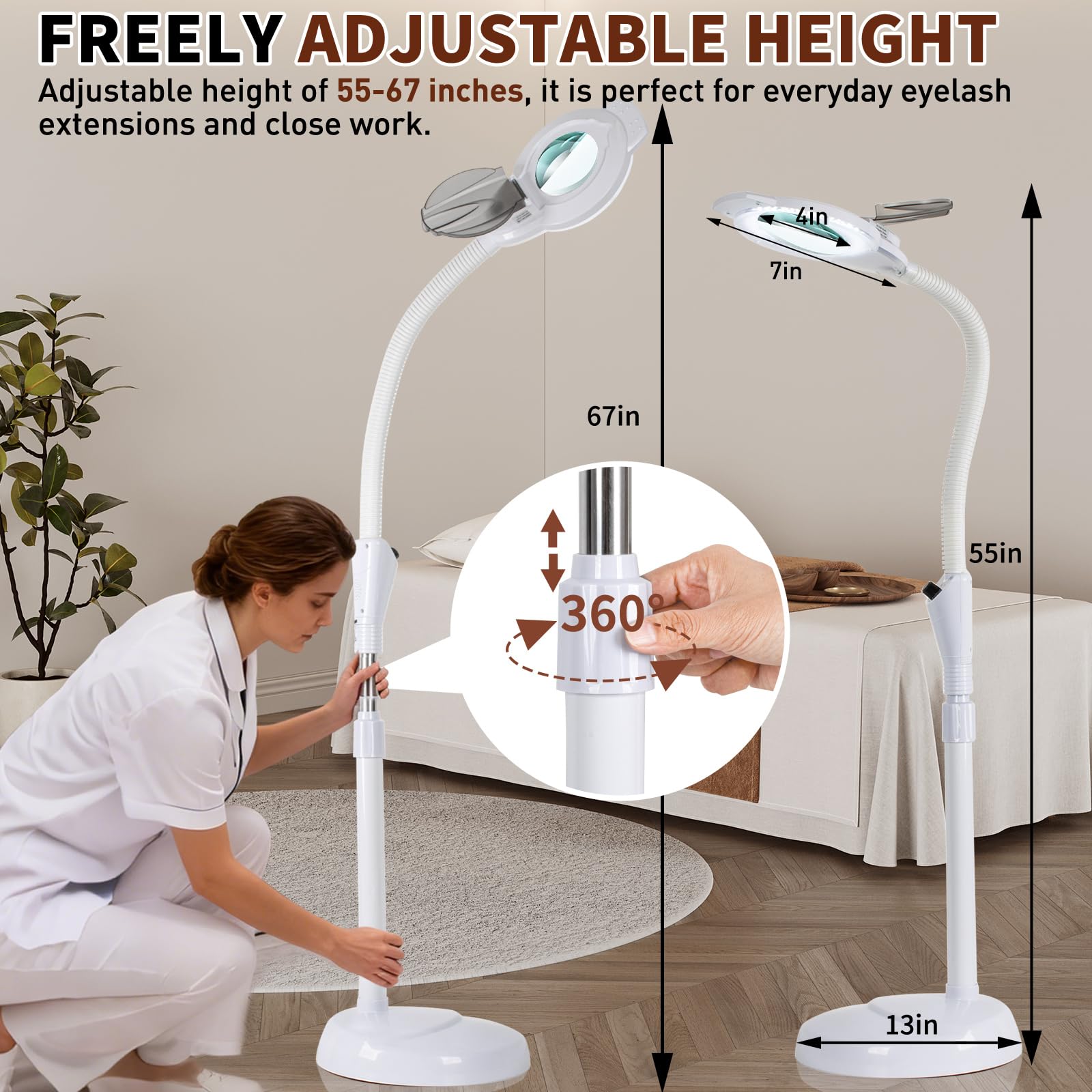 10-fach-Lupenleuchte für Kosmetiker, 2500 Lumen | Flexibler Schwanenhals, Stufenlos Dimmbar LED, Standlupenleuchte, Für Wimpernverlängerung, Tattoos, Nägel Beauty- & Salon