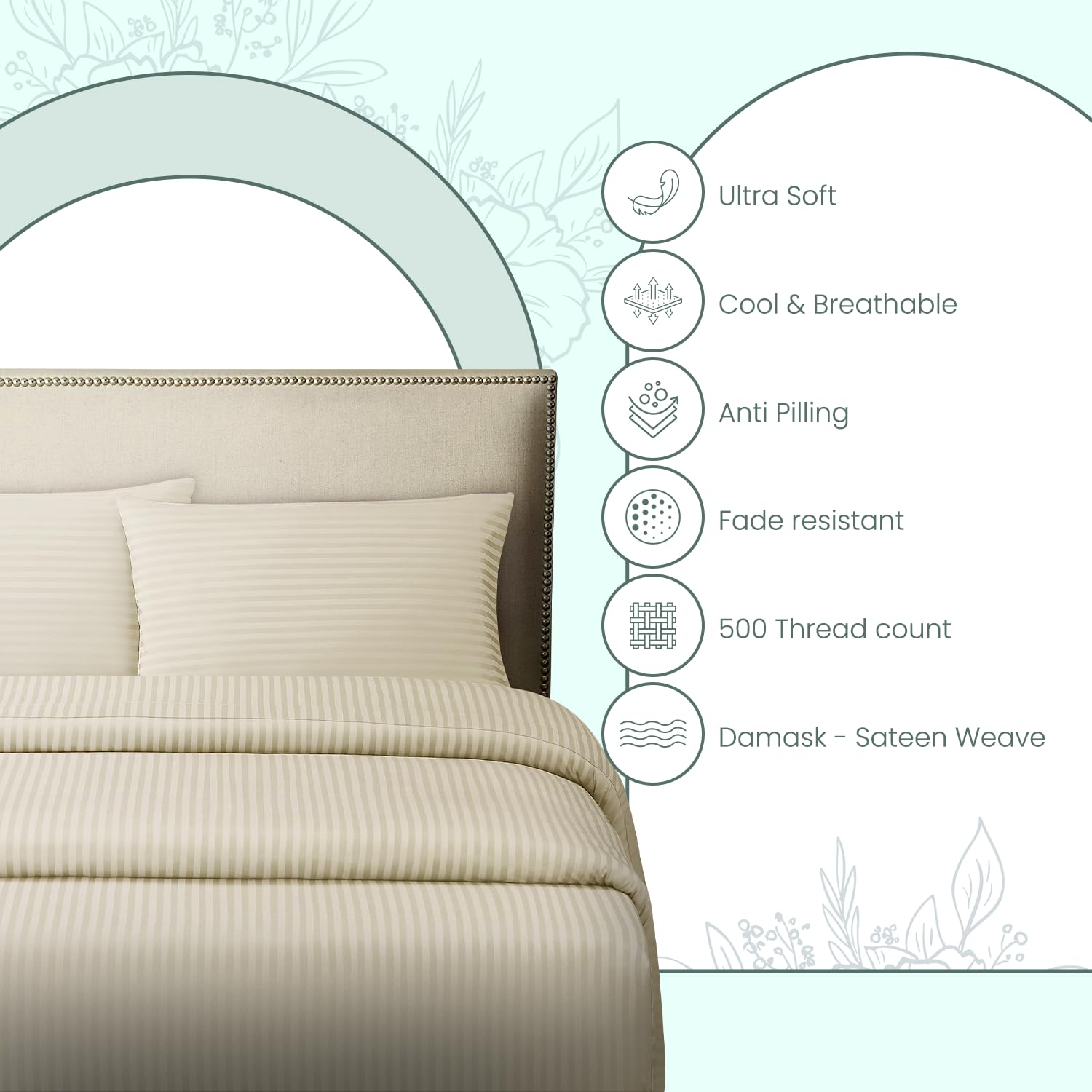 Feather & Stitch Queen Size Damask Stripe Sheet Set, 4 Piece Set, Ultra Soft 100% Cotton Sheets - Image 4