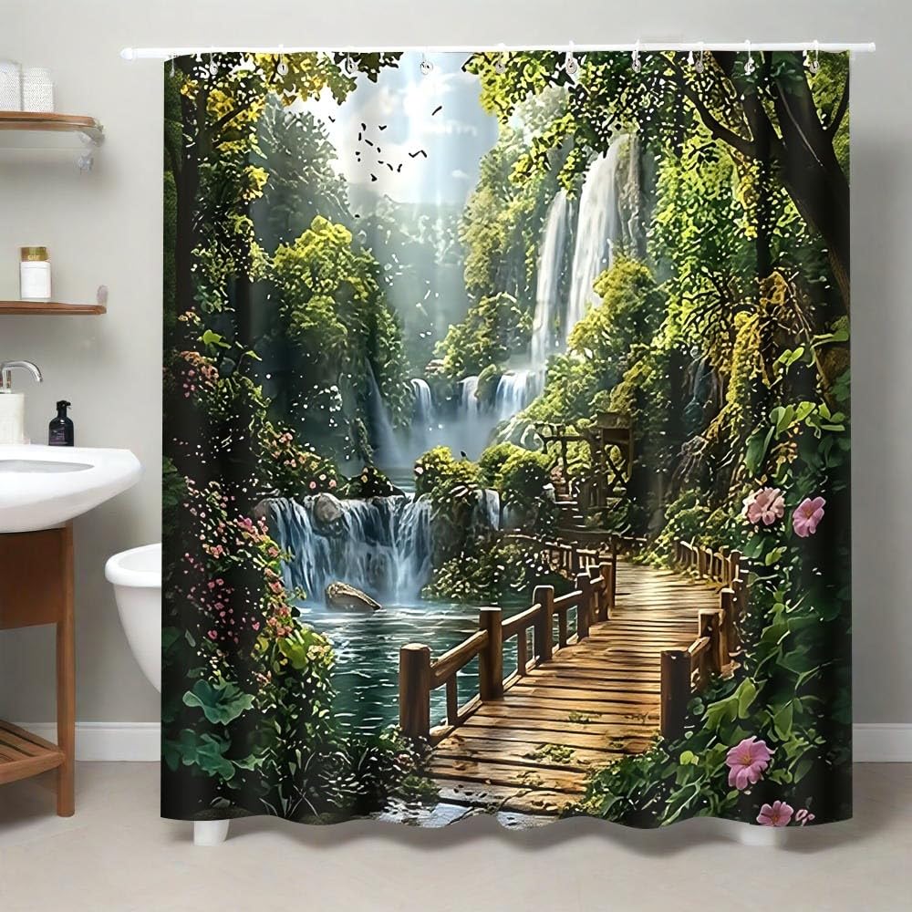 GLKSDLPO 1pc a Forest-Themed Shower Curtain Measuring Designed in a Modern Style for Bathroom Use, Featuring Vibrant Greenery(183x214cm/72x84in(WxH))