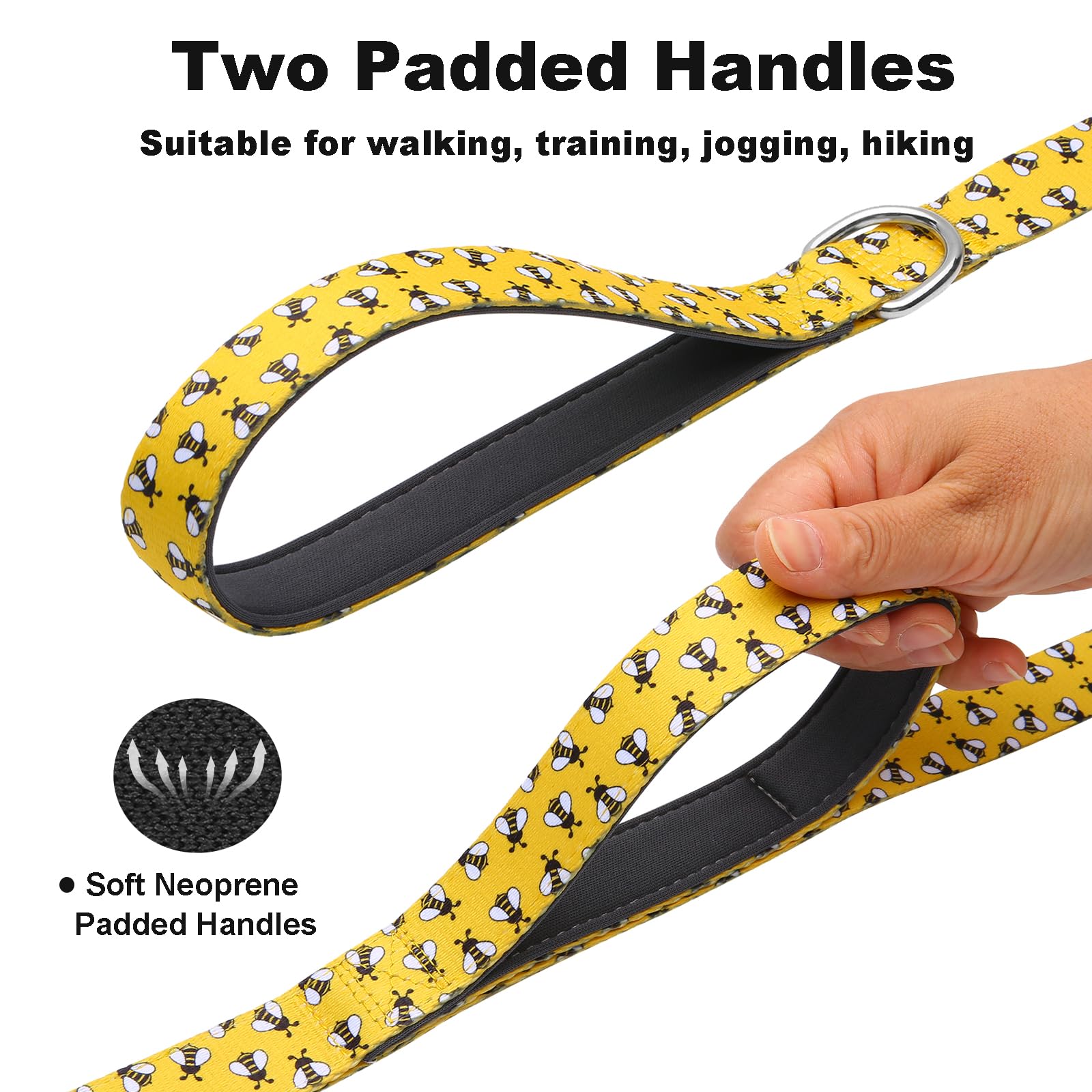 Hundeleine mit zwei gepolsterten Griffen, strapazierfähige, starke Nylon-Hundeleine mit weichem Neoprengriff für kleine, mittelgroße und große Hunde, gelbe Biene