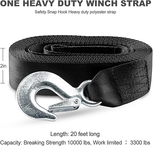 Miniatura 5 de Correa de cabrestante de remolque de 2 pulgadas por 20 pies con gancho, correa de repuesto de alta resistencia de 10,000 libras, resistencia a la