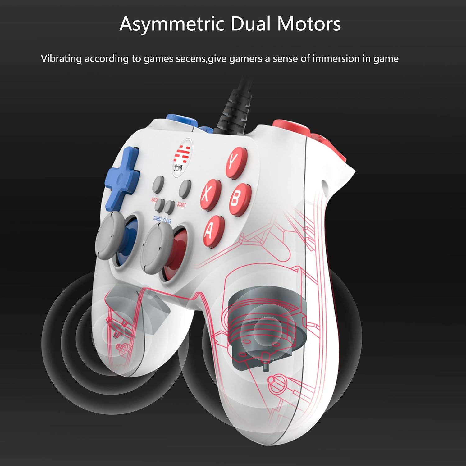 Diagram showing the internal asymmetric dual motors of the BEITONG Bat 2 controller, indicating vibration zones.