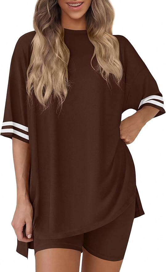 KIRUNDO Women's 2 Piece Lounge Set Airport Travel Outfit 2026 Summer Oversized Shirts Matching Biker Shorts Fashion Clothing