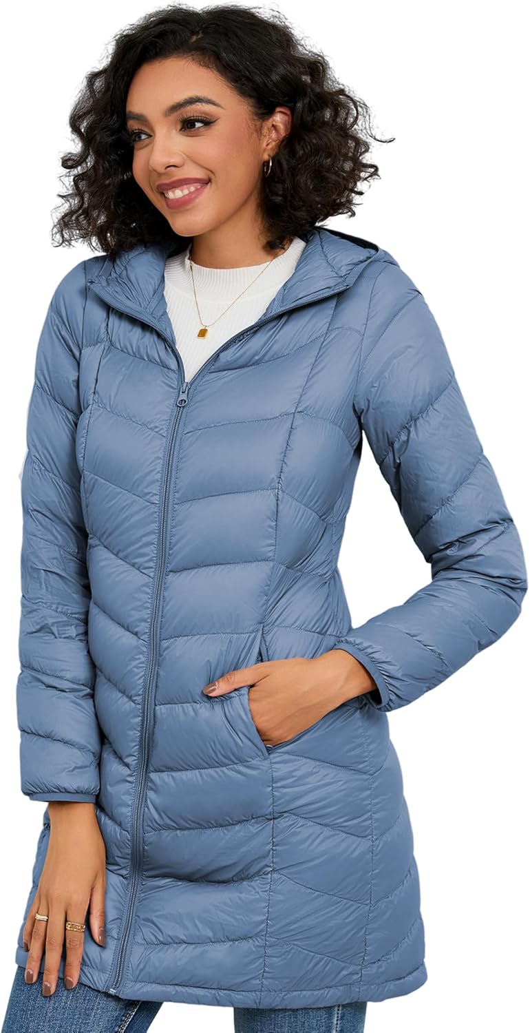 SLOW DOWN Women Lightweight Down Puffer Coat, Women Packable Hooded Mid-Length Winter puffer Jacket - Image 2