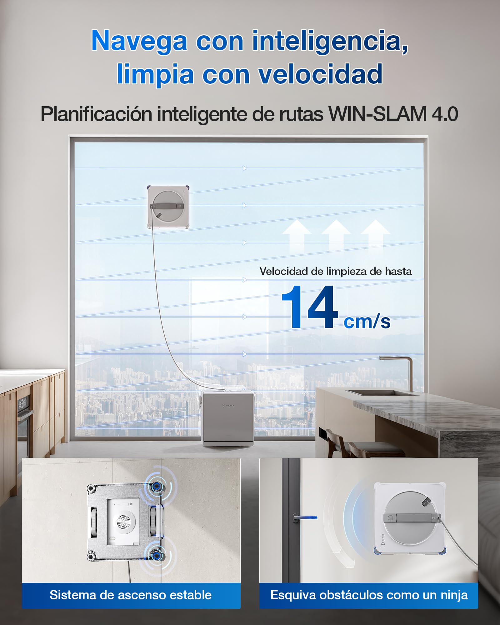 ECOVACS WINBOT W2S Omni Robot limpiacristales con estación, Inteligente de Borde a Borde con TruEdge™, pulverizador de Agua de Triple Boquilla, protección de 12 Niveles, Win-Slam 4.0