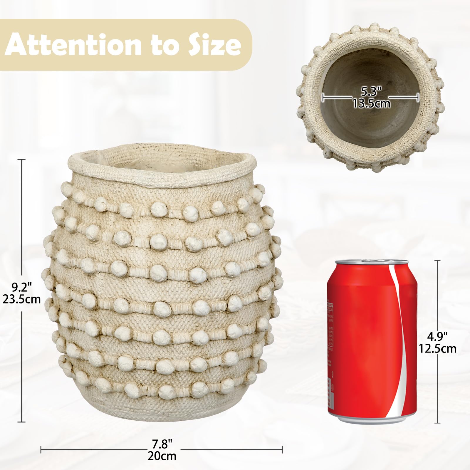 Jarrón rústico de granja, jarrón beige bohemio de 23 cm para hierba de las pampas, jarrones grandes texturizados anudados para flores, jarrones florales decorativos de cemento para decoración del
