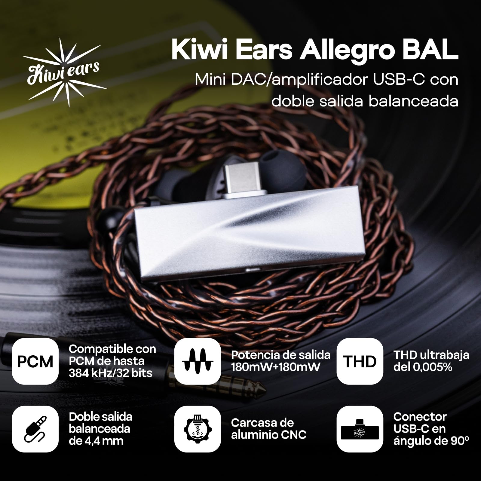 Linsoul KIWI EARS SONICAP Custodia Impermeabile per Auricolari + Kiwi Ears Allegro BAL Mini USB-C IEM DAC AMP, Doppia Uscita Bilanciata