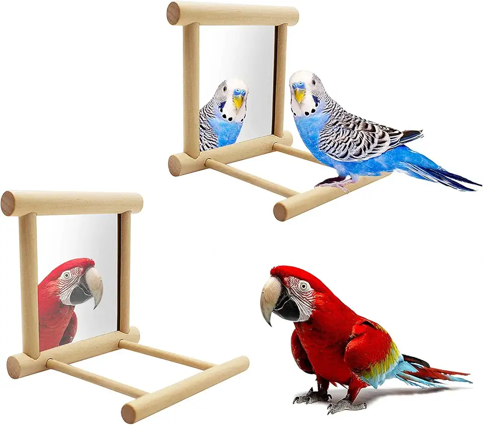 Blessed Family 2 Piece Bird Parakeet Mirror for Cage,Parrot Perch Stand,Wooden Hummingbird Swing Toy,Parakeet Accessories for Cockatiels Conure Finch Lovebird Canary African Grey Macaw
