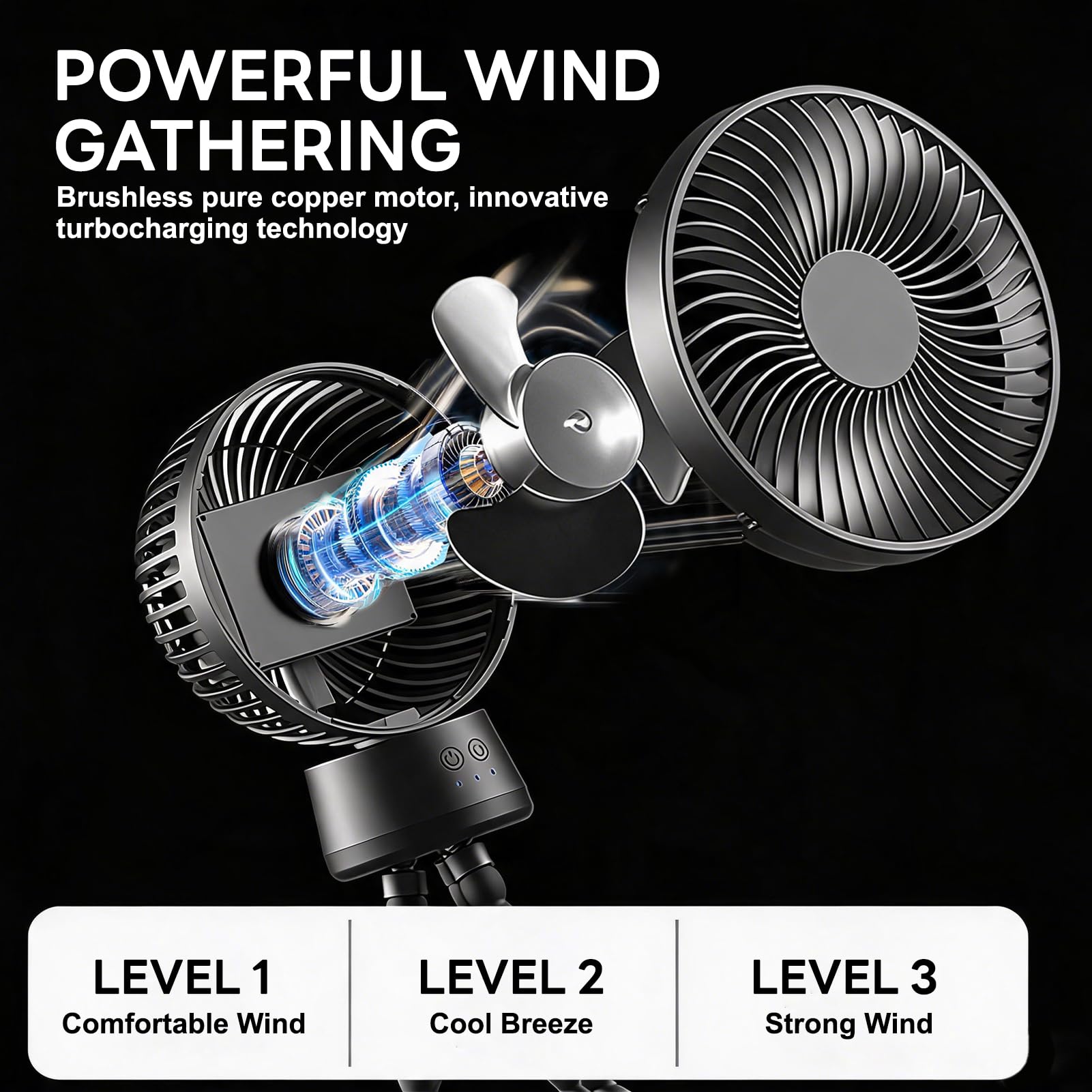10000 mAh Ventilatore Passeggino, Oscillazione Automatica | Ventilatore Portatile Passeggino con Luce Notturna,3 Velocità,Treppiede Flessibile,Ventilatore Silenzioso,Nero