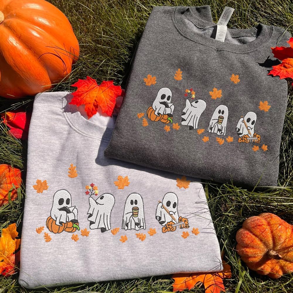 Daty Halloween Ghost Embroidered Sweatshirt, Cute Fall Pumpkin Ghosts and Autumn Leaves Design, Cozy Spooky Season Pullover for Women Men, Casual Halloween Outfit, Fall Clothing for Teachers Moms - Image 2