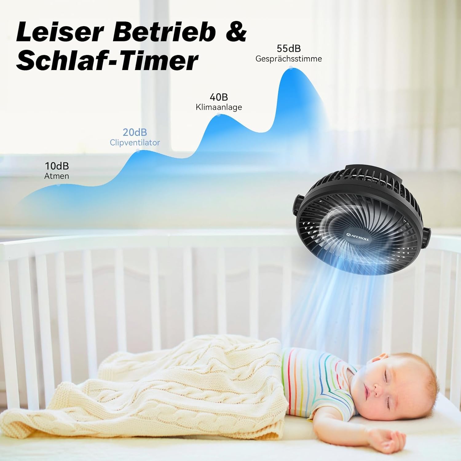Ateroll 10000mAh Clip Ventilator mit Fernbedienung, 20CM 3 Geschwindigkeiten USB Akku Timer LED 360° drehbar Tischventilator