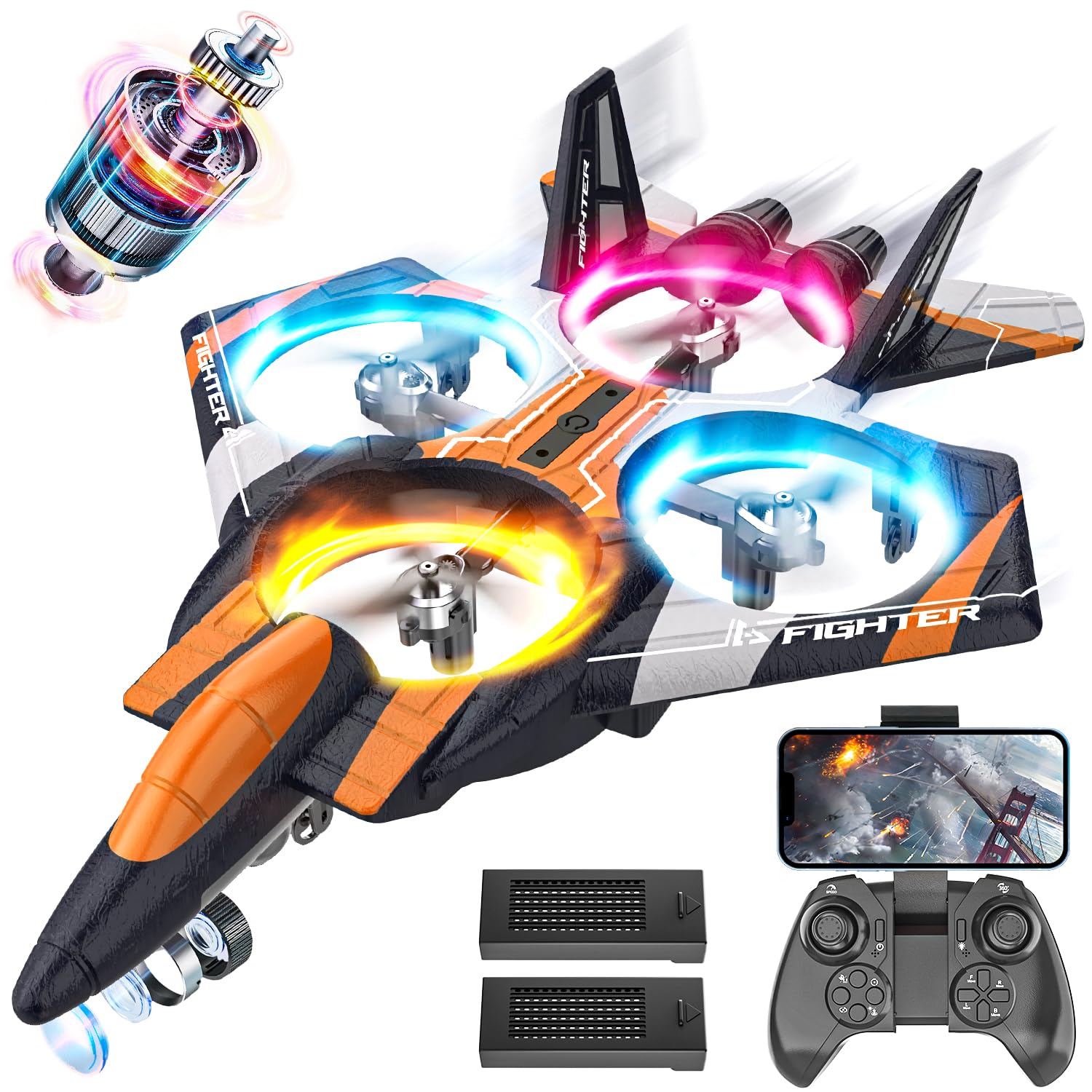 BEZGAR RC Plane for Kids | 2.4GHZ Brushless Drones with Camera, 6-axis Gyro Remote Control Airplane, 360° Flip Fighter Jet Toy, Toys for ages 8+ with Colorful LED Navigation Lights Orange