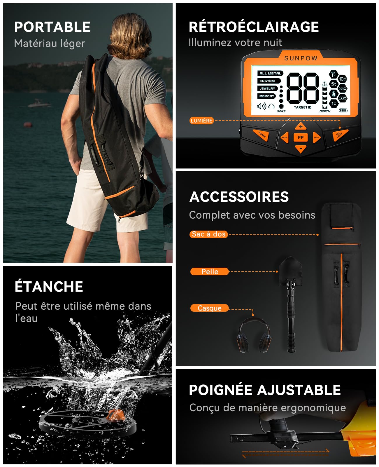 SUNPOW Détecteur de métaux - Détecteur Adulte étanche de précision à 5 Modes avec Profondeur de détection de 11 Pouces, Anti-interférences puissantes, Puce DSP avancée - OTMD09