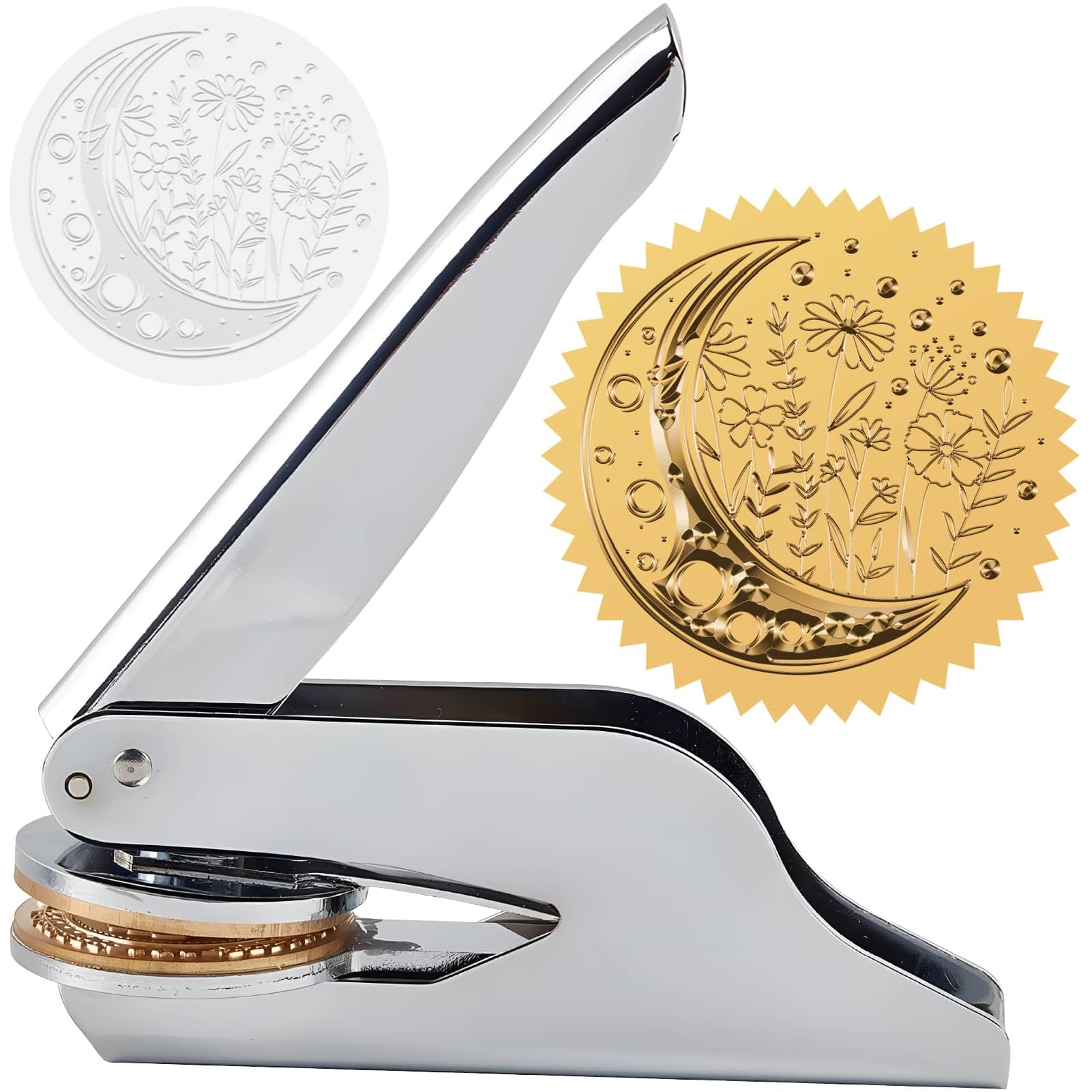 CRASPIRE Moon Embossing Seal Stamp Flower Book Ex Libris Library 1.6in Stainless Steel Stamper Hand Held Embosser Bookish Teacher Notary for Graduation Gift Envelopes Wedding Invitation Paper Napkin
