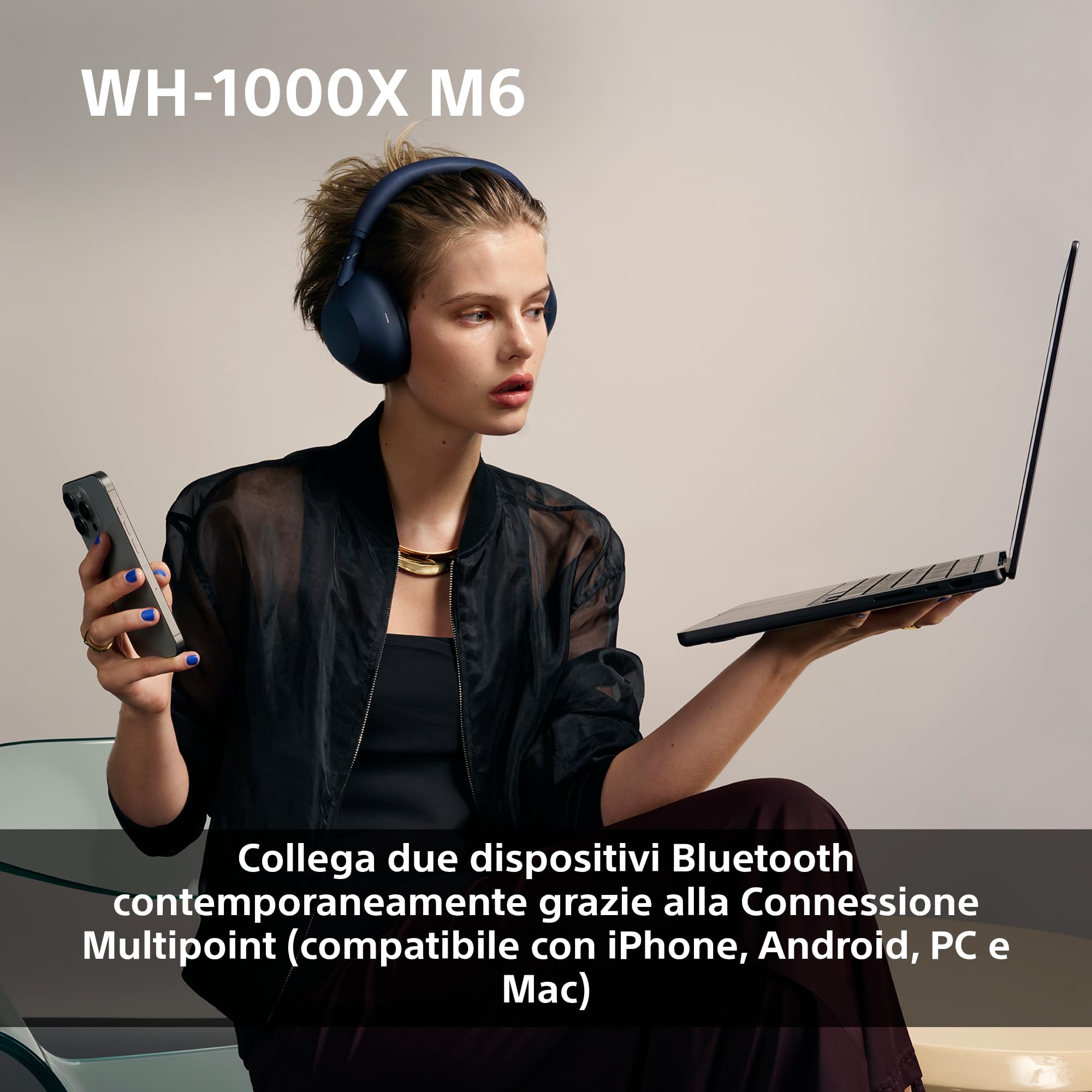 Sony WH-1000XM6 Cuffie wireless Premium con cancellazione del rumore, audio Hi-Res, massimo comfort, design pieghevole, custodia resistente, batteria da 30 ore NC On, iOS e Android - Black