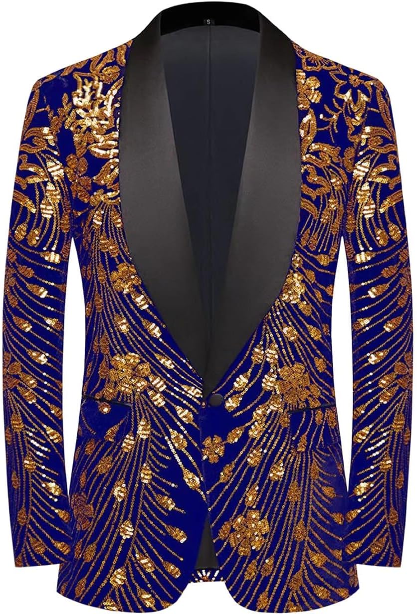 Pyiujtr Men's Sequins Velvet Shawl Lapels Stage Party Prom Wedding Dinner Suit Jacket Blazer