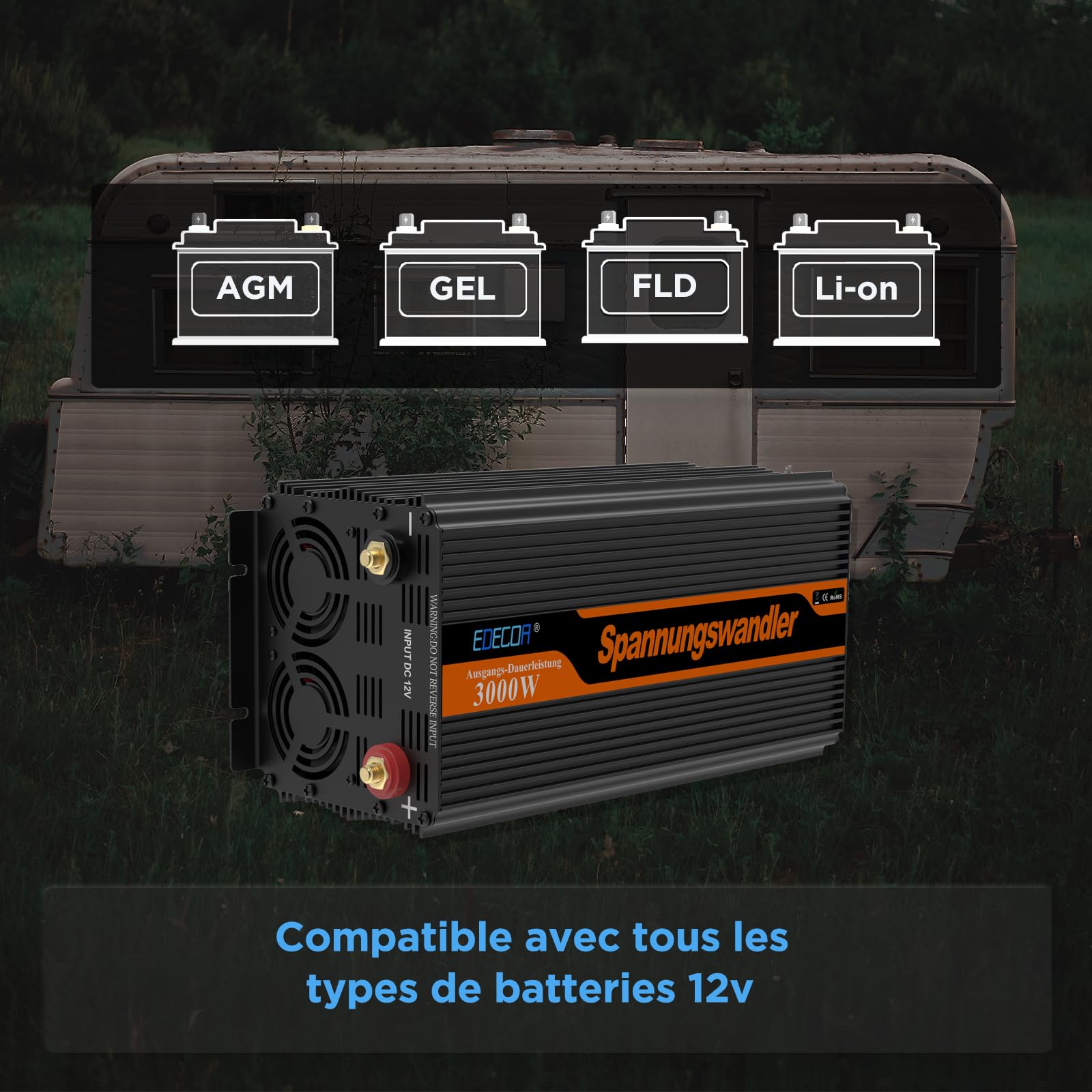 EDECOA convertisseur 12v 220v 3000w onduleur télécommande 2X USB et écran pour Panneau Solaire Voiture Onde modifiée Isolation galvanique (2e génération)
