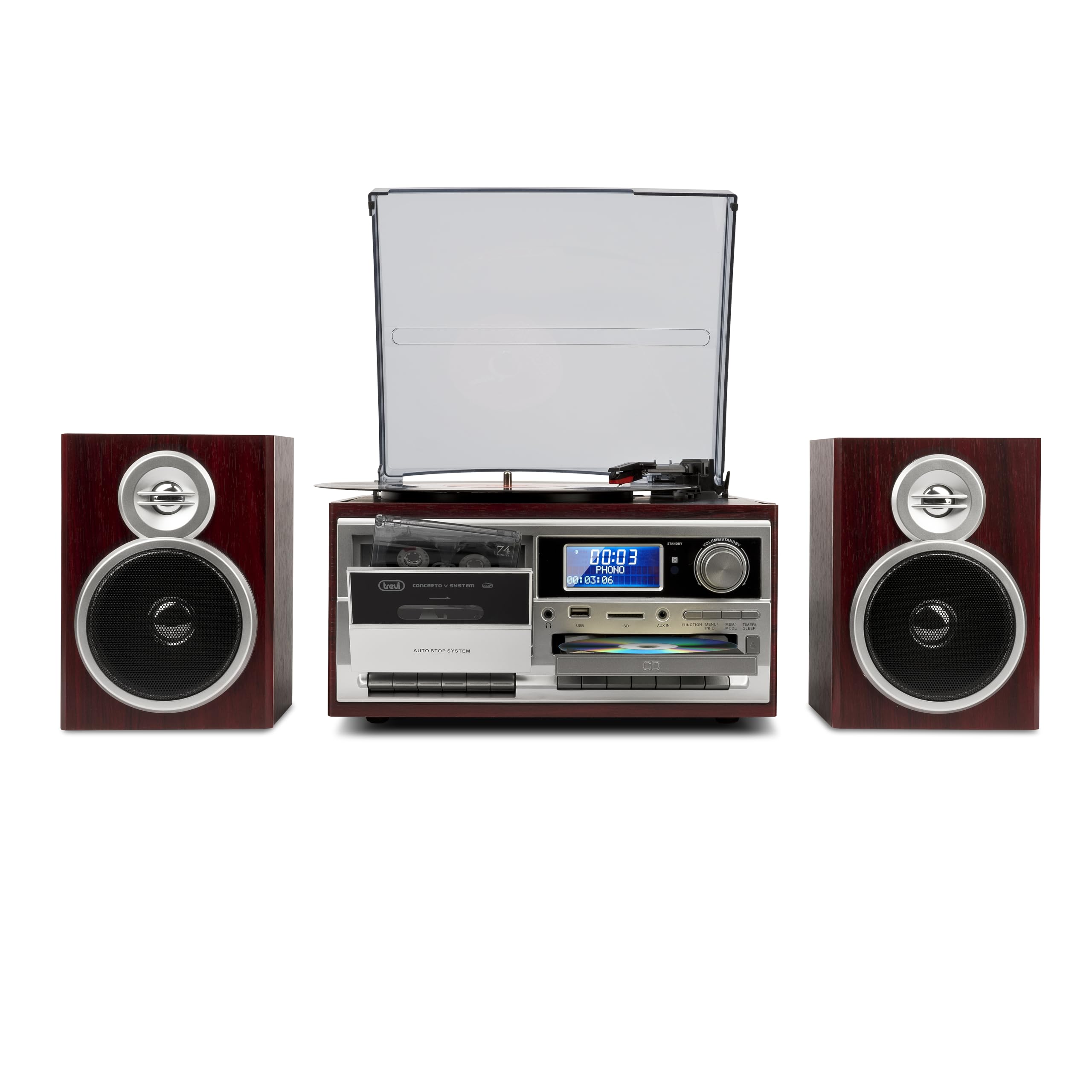Trevi TT 1072 Dab, Platine Vinyle 33, 45 et 78 Tours, Lecteur Vinyle avec sans Fil, Lecteur CD et Mp3, USB et SD, 25 W, Radio numérique Dab/Dab+ FM, Prise Casque, caisses avec Bass Reflex, Bois