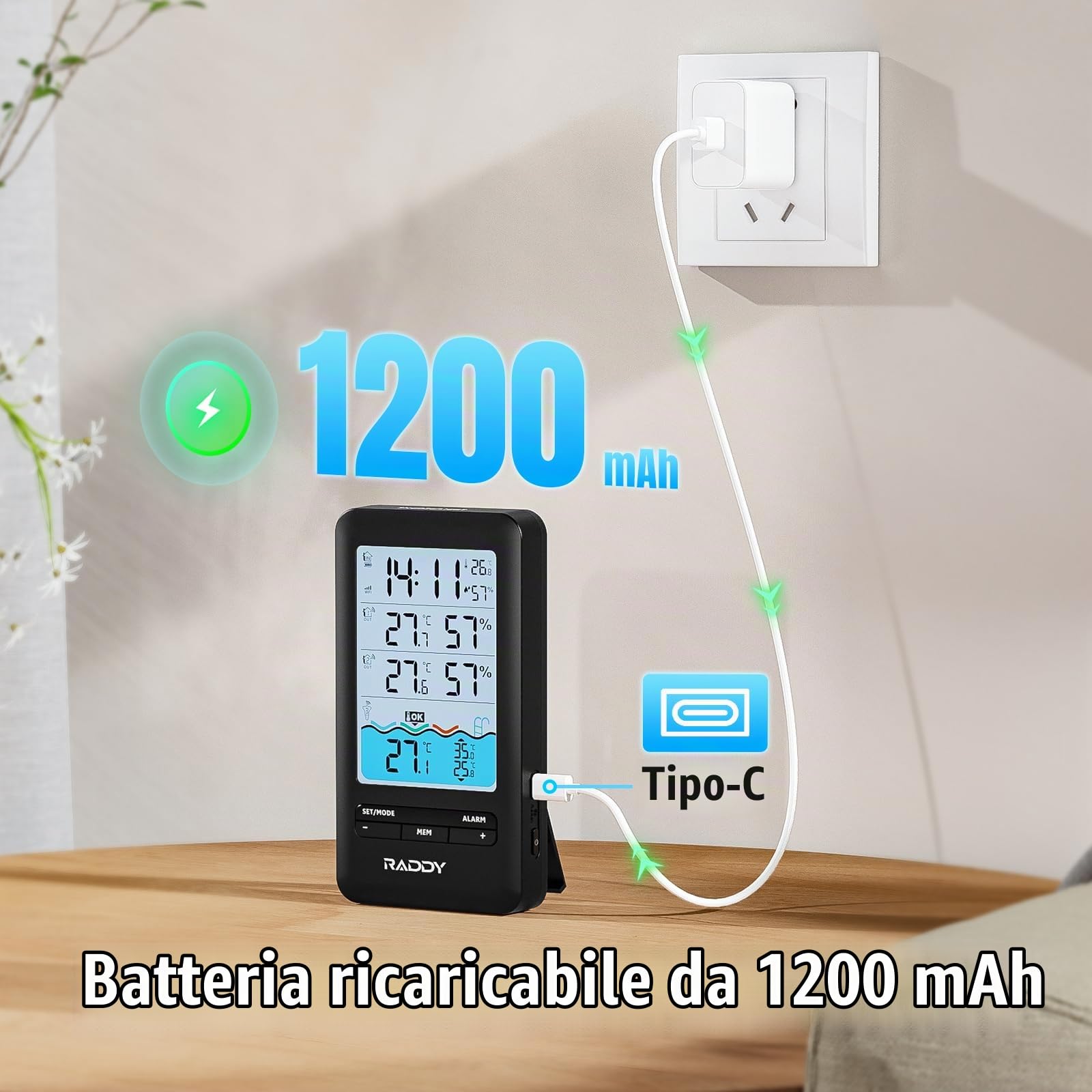 Raddy PT-3 Wi-Fi Termometro per piscina galleggiante, monitoraggio remoto tramite APP, Ampio display digitale di facile lettura, con 2 sensori aggiuntivi, per piscine interne ed esterne