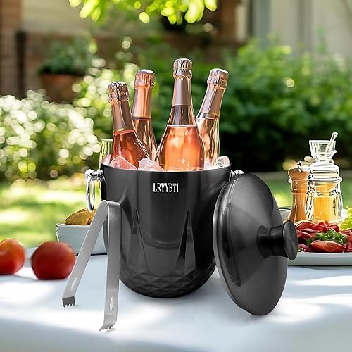 Miniatura 3 de Cubos de hielo de 3L para fiestas y bar de cócteles con tapa de acero inoxidable, pinzas y colador (negro) Cubo de hielo de metal aislado de doble