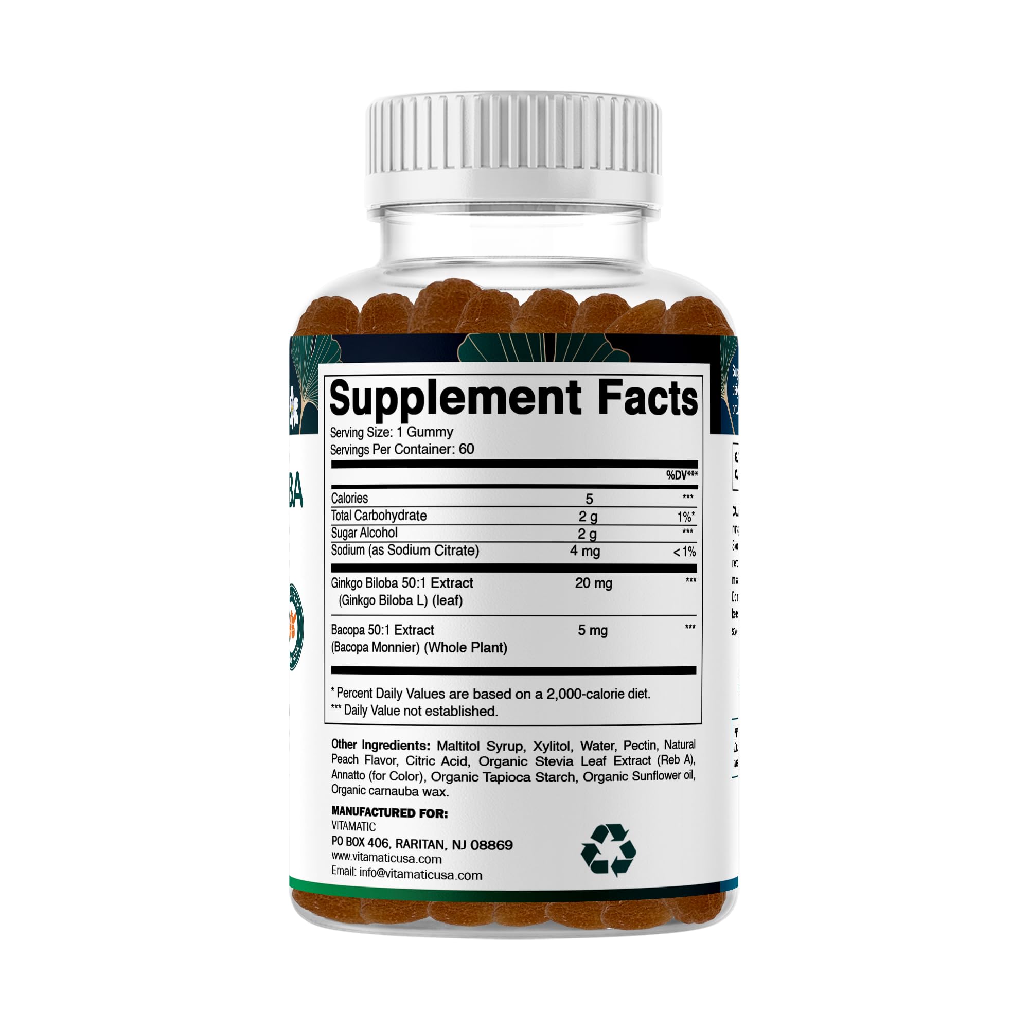 Vitamatic Ginkgo Biloba & Bacopa Gummies – Plant-Based Botanical Extract – Natural Peach Flavor – Vegan, Non-GMO, Gluten-Free – Herbal Supplement – 60 Count — Amazon image 9