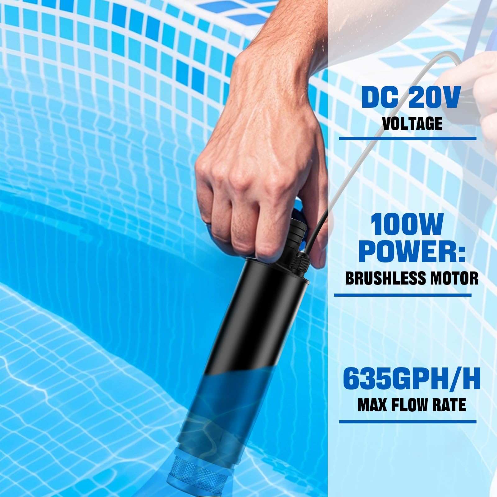 Bomba sumergible 635 GPH para batería Parkside XTEAM de 20 V, bomba de agua inalámbrica con filtro de sedimentos, bomba de transferencia de 100 W a pilas con alto flujo para piscina, jardín