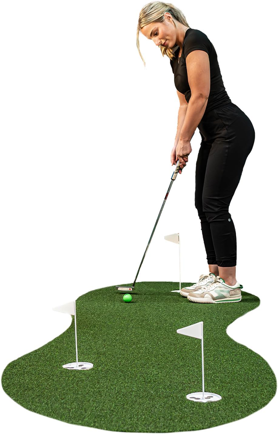 Indoor/Outdoor 3 x 8 Putting Green – High-Stimp Nylon Turf (10–12 Stimp) with Non-Slip Rubber-Coated Backing – Includes Three Pre-Cut Holes, Cups and Flags