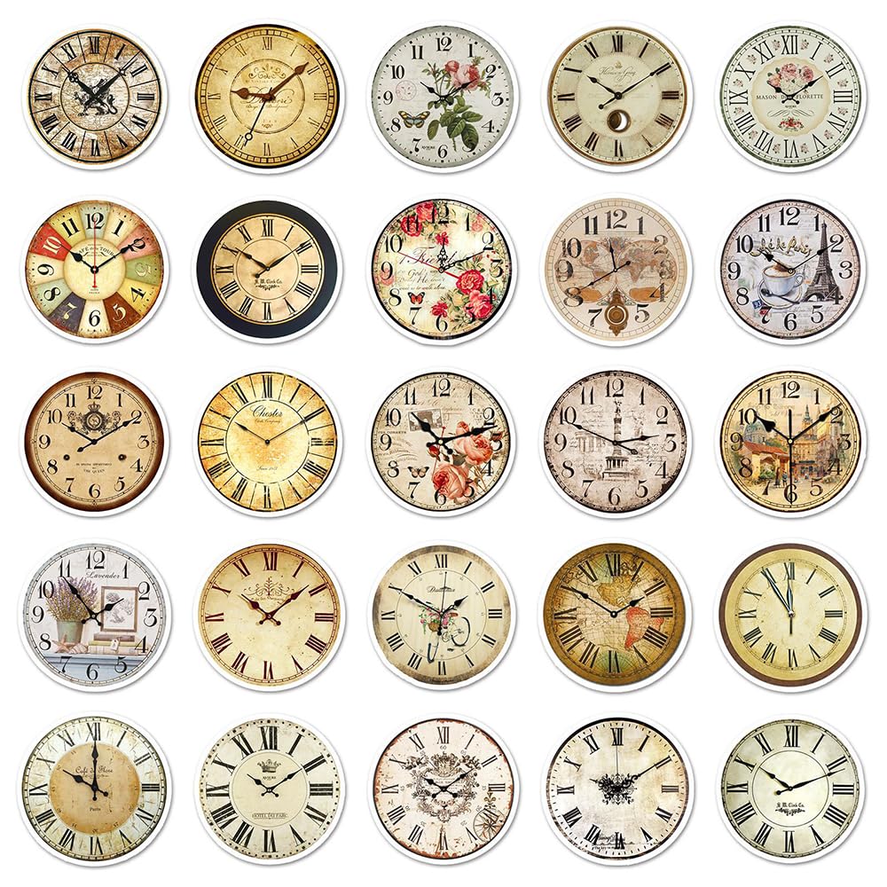 Vintage Clock Vinyl Stickers, 50 PCS Waterproof Illustrated Icon Decals for Laptops Scrapbooking, Journals, Notebooks - Image 2
