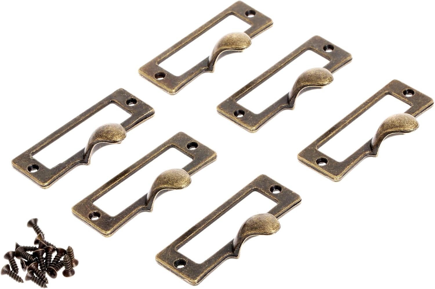 dophee 6-Pack Antique Brass Label Frame Card Holder Drawer Box Case Cabinet Cupboard Pulls Handles Carpenter Repair Decoration Hardware, 2.12x1.18 inch