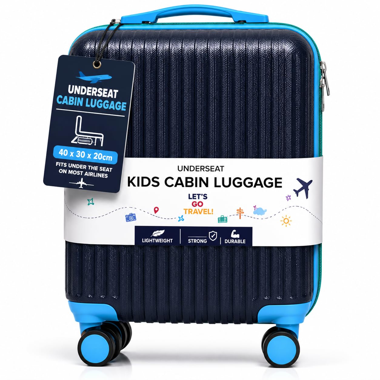 JRose Collections Valigia da cabina per bambini, 40 x 30 x 20 cm, rigida con 4 ruote girevoli, custodia da viaggio leggera, compatibile con compagnie aeree, Blu notte e azzurro cielo, Valigia da