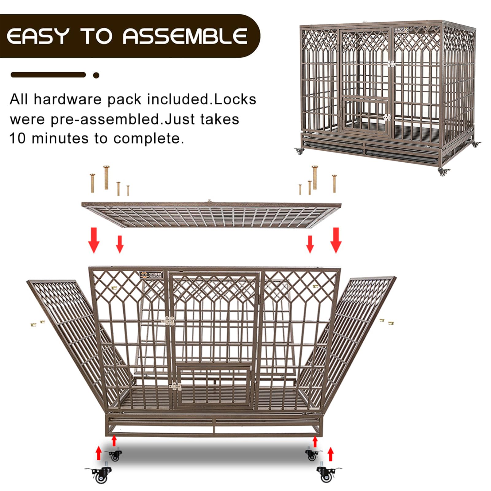 Jaula Para Perros Grande, Caseta De Metal Interiores Con Ansiedad Por Separación, Ruedas Bloqueables Y Bandeja Extraíble, Caja Para Perros Fácil De Montar Con Cuatro Ruedas,41.3"Lx30.3"Wx37.4"H