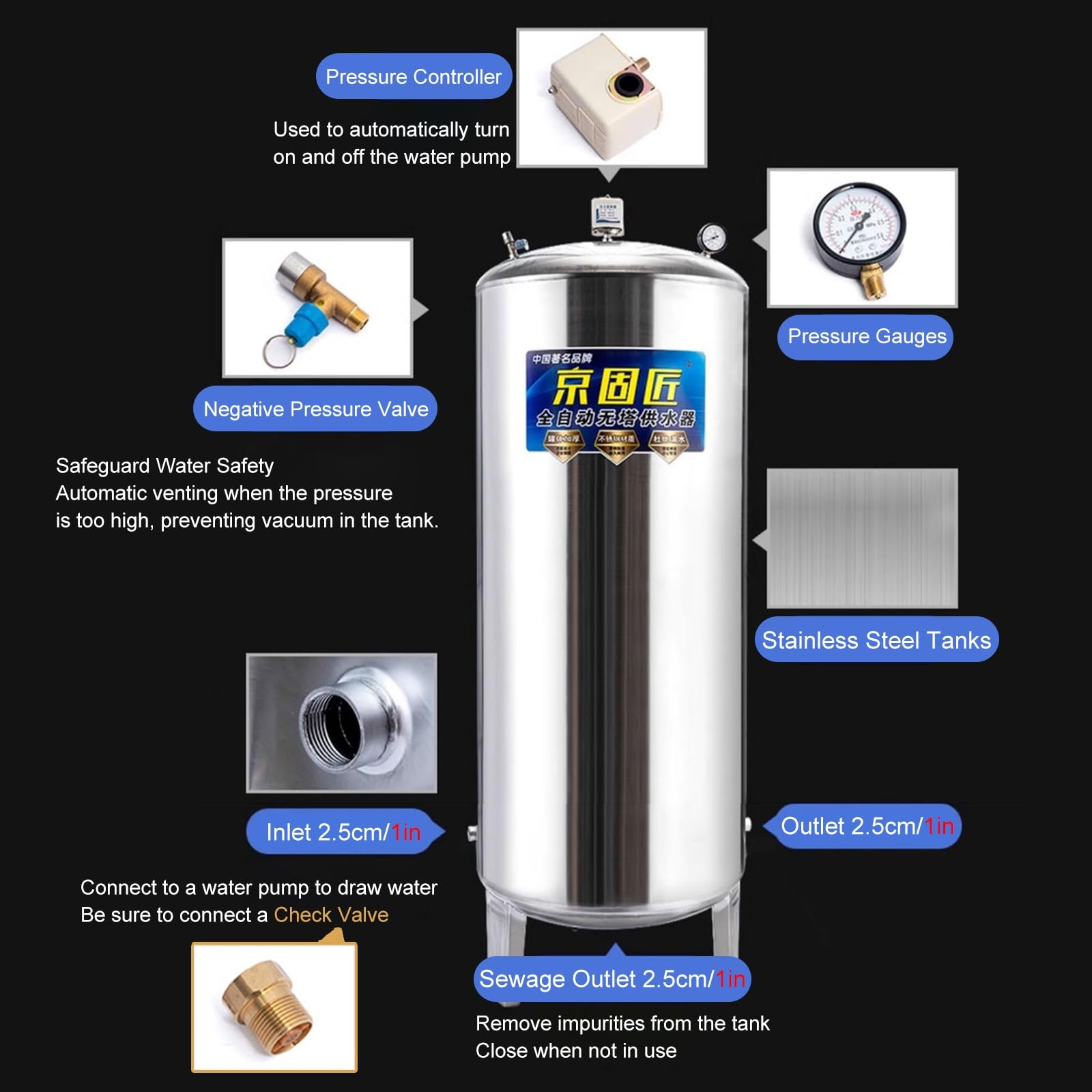 Depósito de presión de agua de acero inoxidable con accesorios de montaje para uso doméstico y jardín