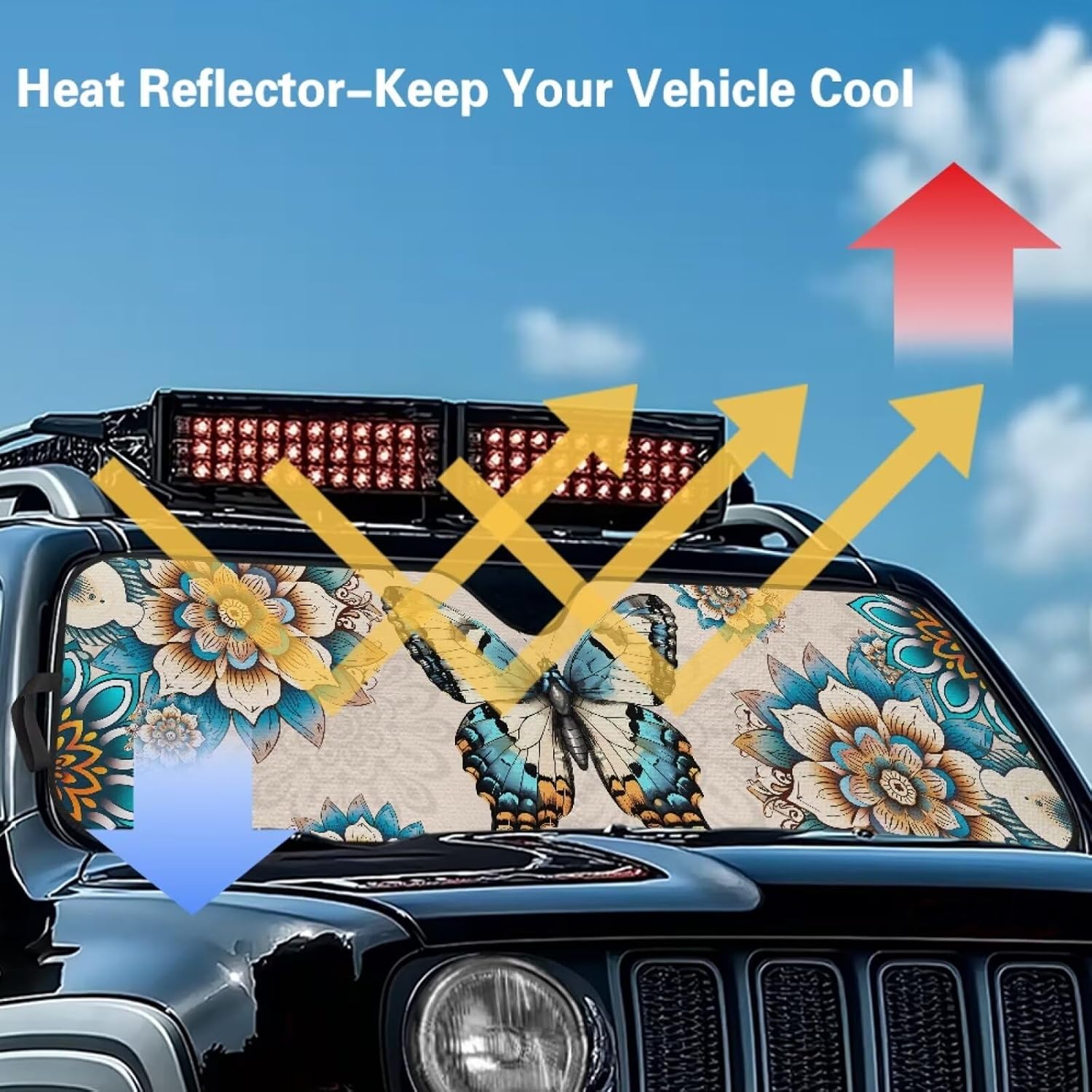 Pensura Windshield Sun Shade, Blocks Rays Mandala Butterfly Car Front Window Sunshade Compatible with Wrangler JL, Easy to Install Windshield Sunshade for Jeep Wrangler, Keep Your Car Cool