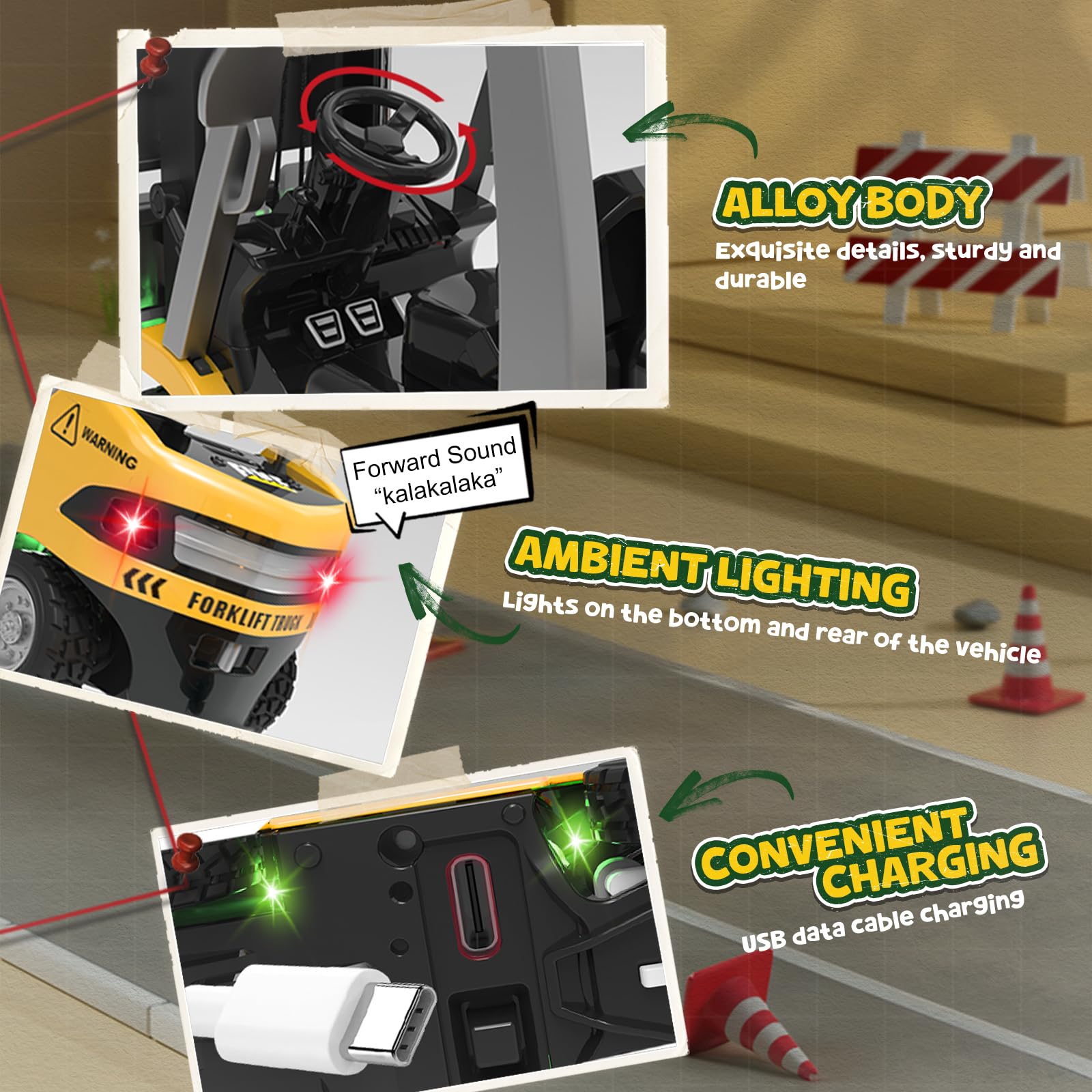YESHIN Mini RC Gabelstapler Spielzeug aus Metall, Fernsteuerbarer Gabelstapler mit App-Programmierung, Tempomat & Geschwindigkeitsregelung, Hebbare Gabel, Sound & LED-Licht, USB-aufladbar