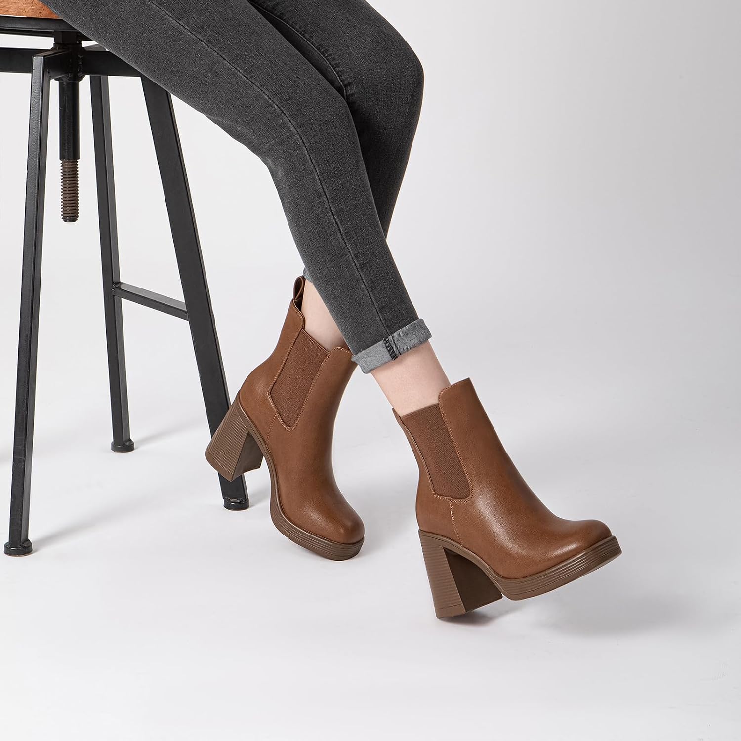 Athlefit Women's Chelsea Platform Boots High Chunky Heel Square Toe Boots Fashion Slip On Elastic Heeled Ankle Booties