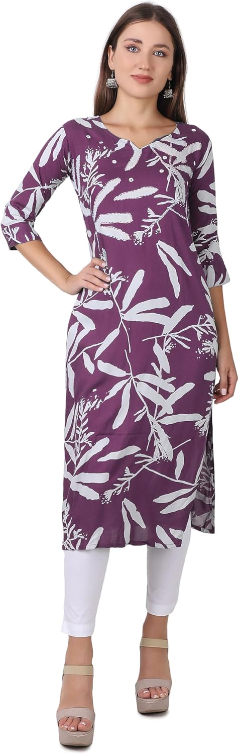 ladyline Women's Casual Rayon Printed Tunic Handwork Mirror Kantha work Kurta Kurti Top