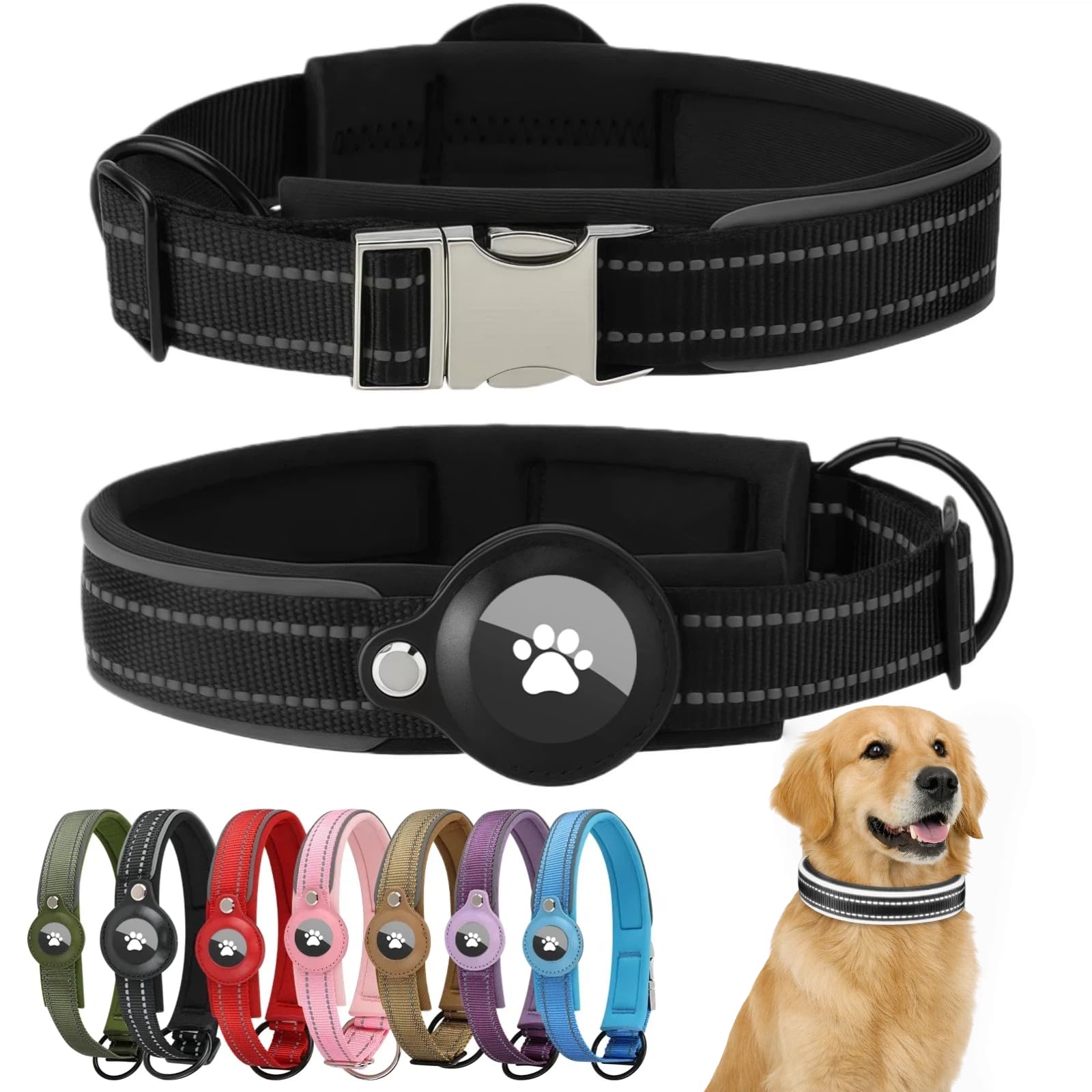 Airtag Dog Collar with Apple Airtag Holder Reflective Adjustable Soft Padded Nylon with Quick Release Metal Buckle Waterproof GPS Tracker Collar for Puppy and Small Dogs (Black, S)