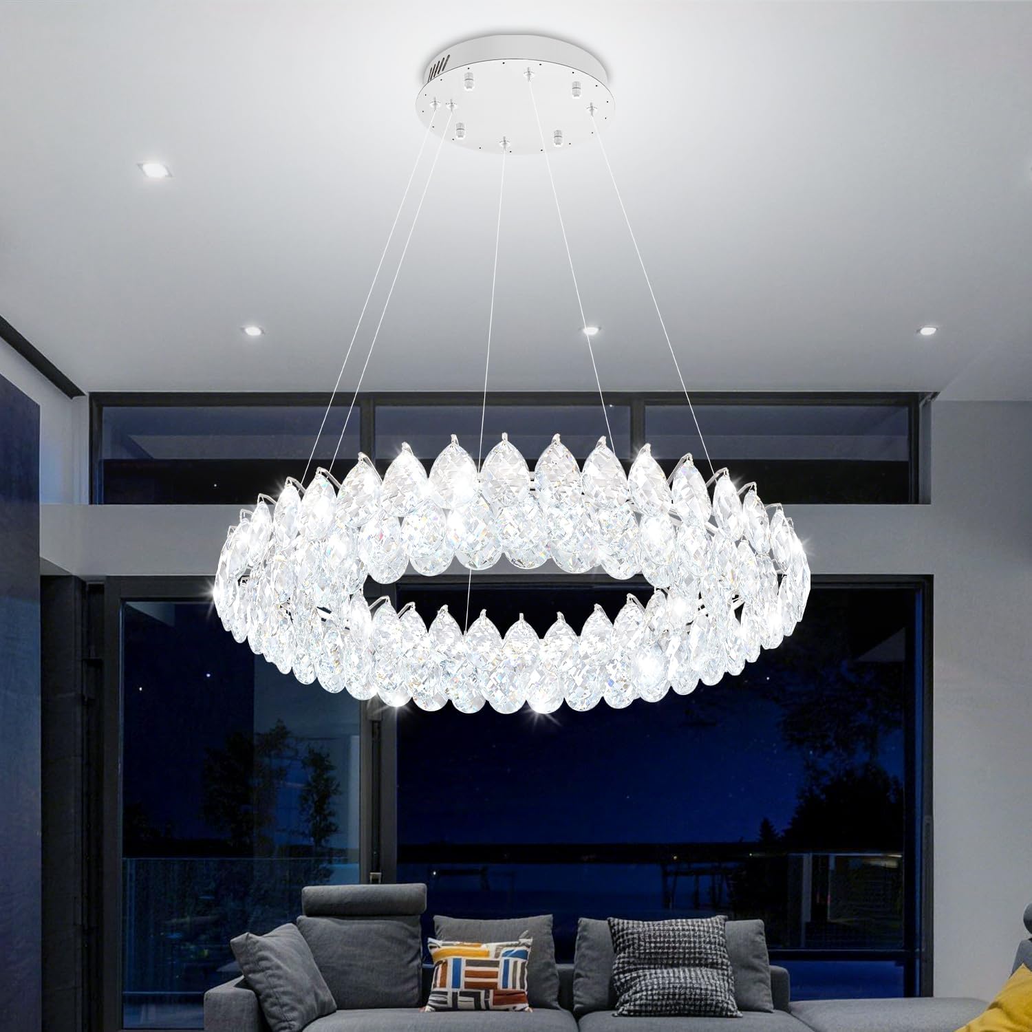 32" Modern Chrome Crystal Chandelier, 3-Color Dimmable LED Round Pendant Light, Adjustable Height Luxury Ceiling Fixture for Dining Room, Living Room, Foyer, Staircase