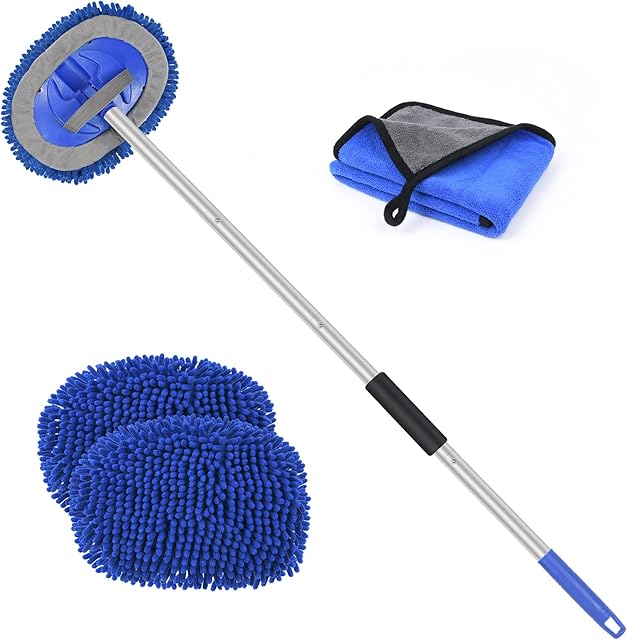 URAQT Car Wash Brush, 63'' Aluminum Long Handle Car Cleaning Brush, 180°Rotation Multifunction Car Wash Mop Kit, Car Wash Tool with 2 Chenille Replacement Head and 1 Microfibre Cleaning Cloths