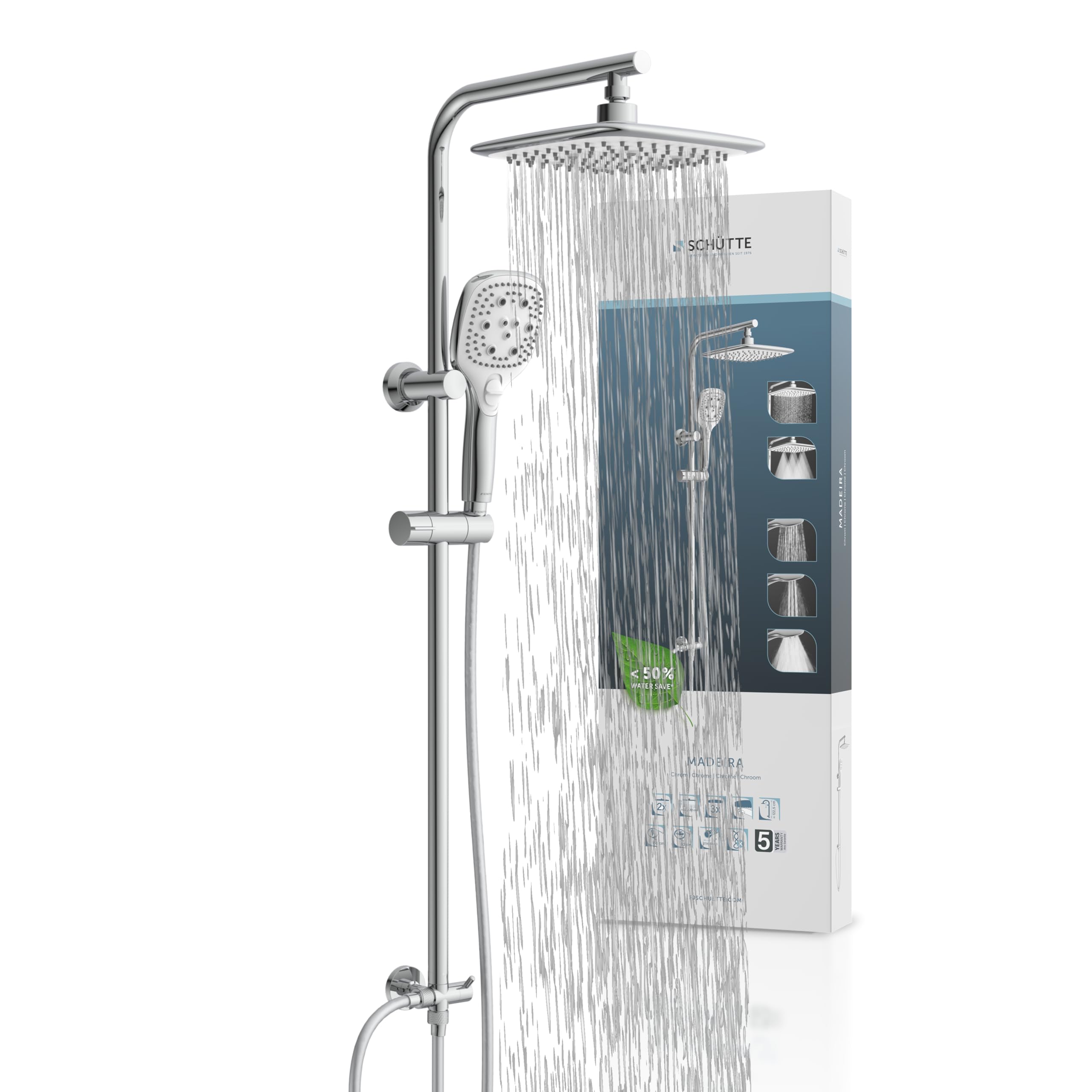 Schütte Duschset MADEIRA Duschsäule mit großer verstellbarer Regendusche, Handbrause mit 3 Strahlarten, Duschsystem ohne Armatur, Chrom