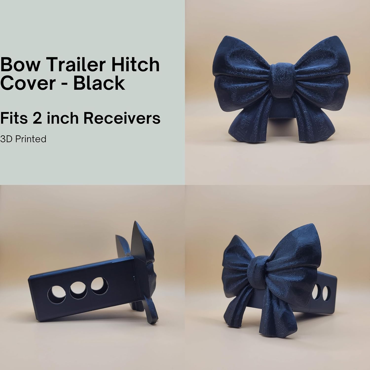 Bow Trailer Hitch Cover, Black, 3D Printed, Fits 2 Inch Receivers, Multiple Hitch Pin Locations