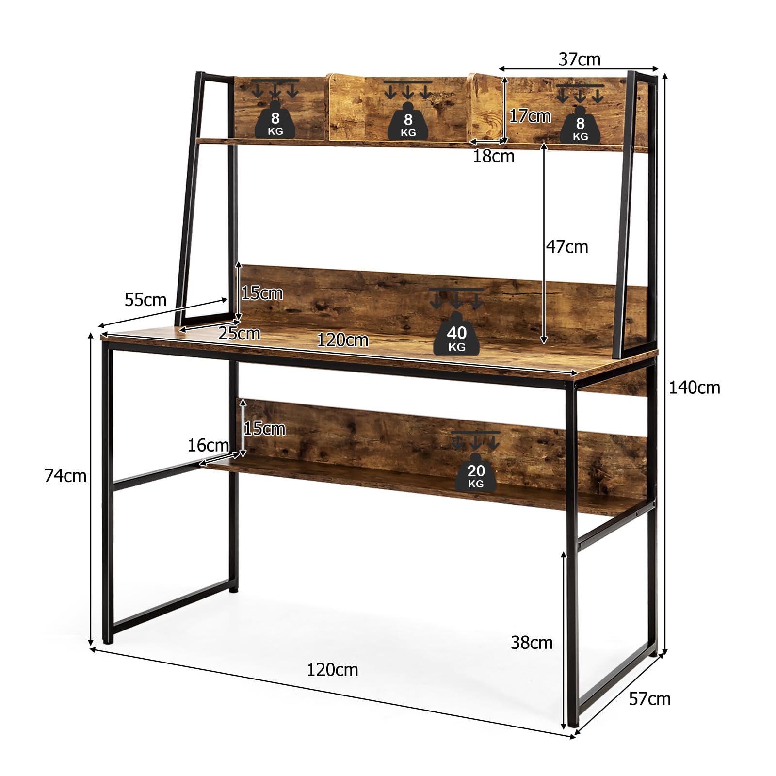 GYMAX Mesa de trabajo para ordenador, con estantería y 3 compartimentos, escritorio con amplia superficie de trabajo y patas ajustables, mesa de oficina para el hogar, ahorra espacio, 120 x 57 x 140