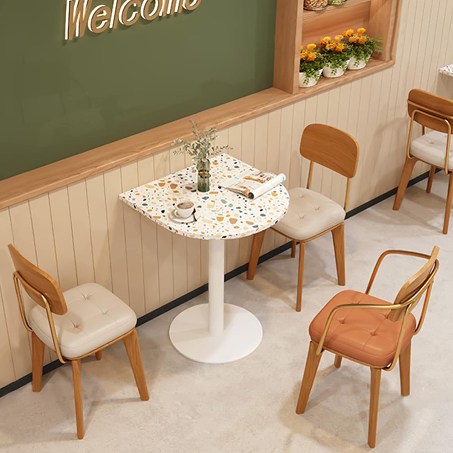 Semicircle Terrazzo Bar Table - Small Dining Table with Metal Frame for Kitchen, Apartment, Coffee Shop, Lounge, Party - Easy Installation