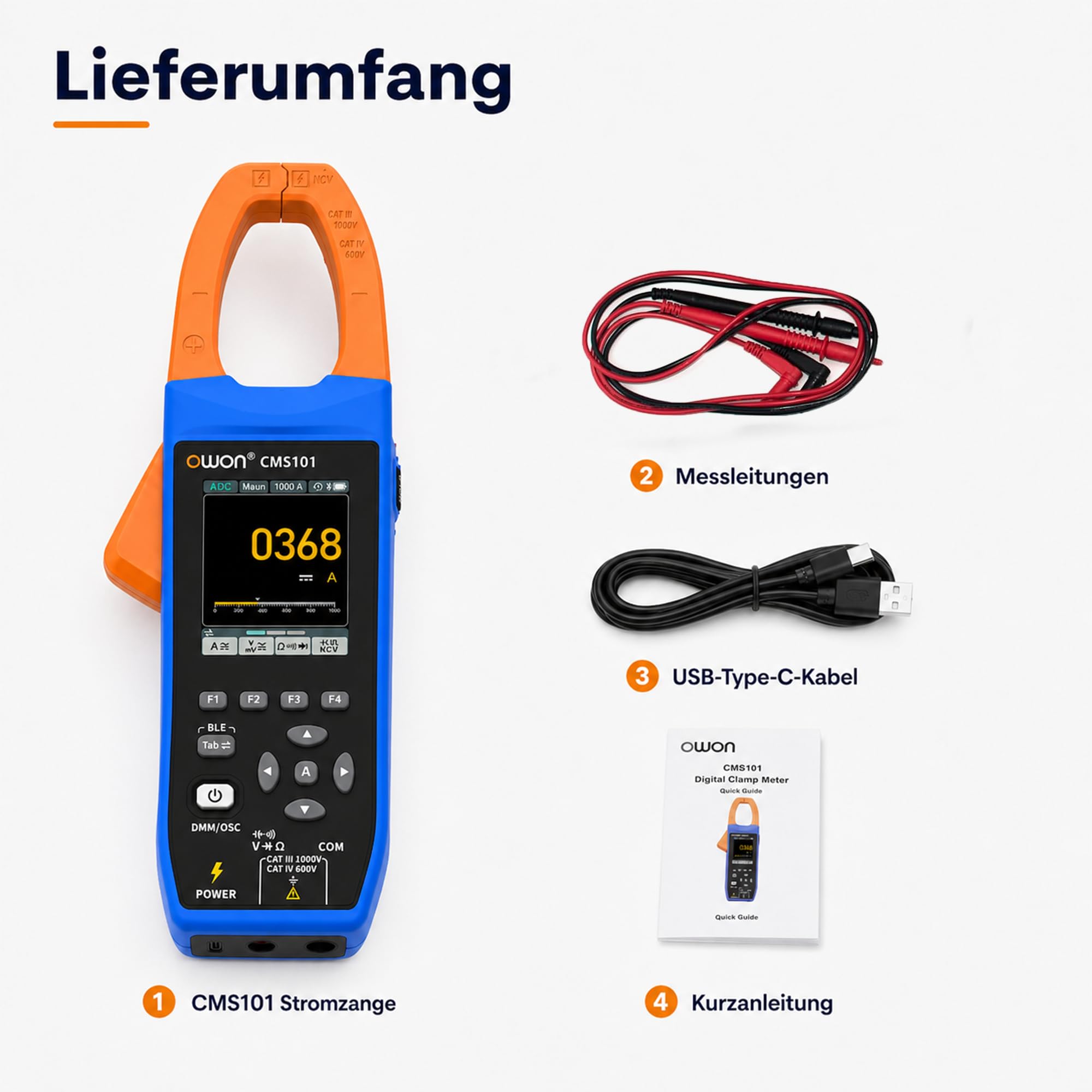 CMS101 3-in-1 AC/DC Stromzange mit Oszilloskop, True RMS, 1000A/1000V, 5MSa/s Wellenformanzeige, Bluetooth-Logging, Einschaltstrom, 20.000 Zählwerte, wiederaufladbar für Elektro-, HLK- und Kfz-Diagnos