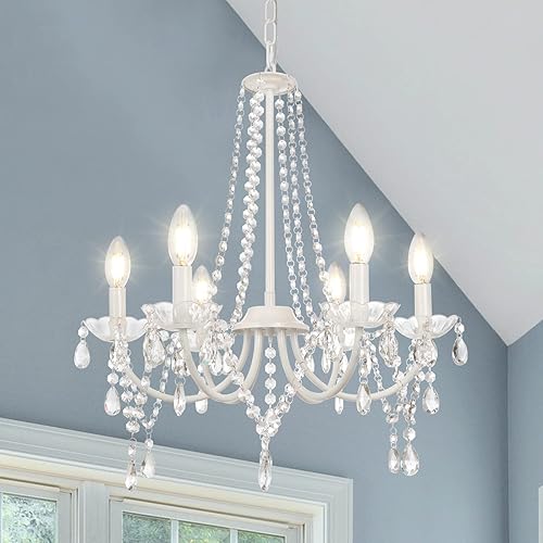 Candelabro de cristal francés de 6 luces, lámpara de vela blanca moderna de 20 pulgadas para comedor, elegante lámpara de granja para dormitorio de