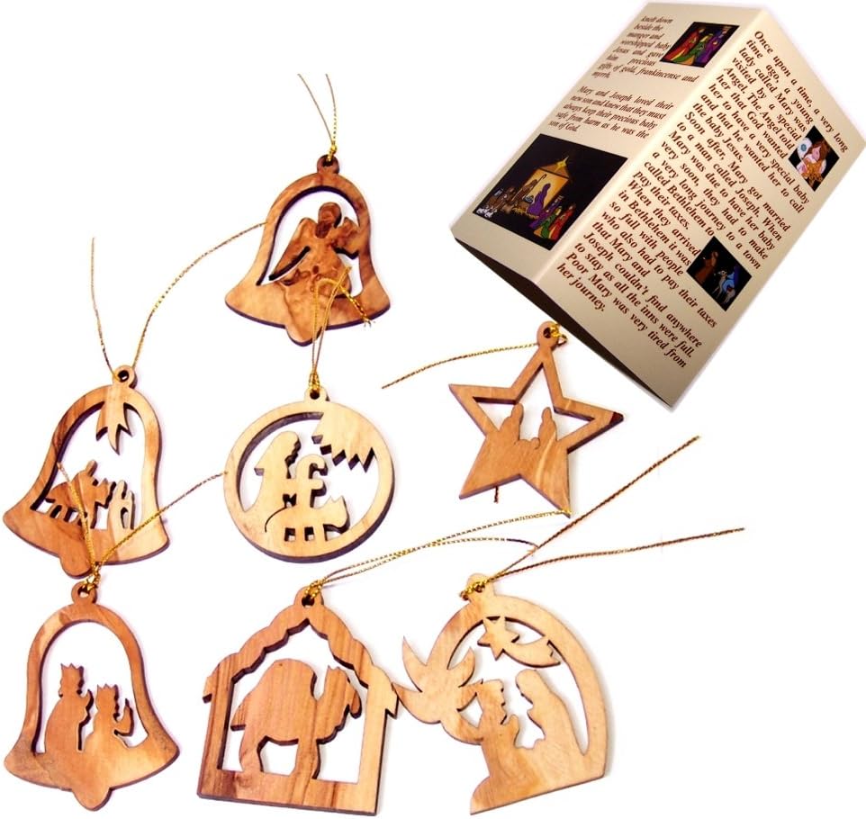 Holy Land Market Bethlehem Olive Wood Complete 7-Piece Christmas Ornament Set - Christmas Decorations with Nativity Story Booklet, Inspirational Hand Carved Christmas Decor, Christian (7, Flat Set)