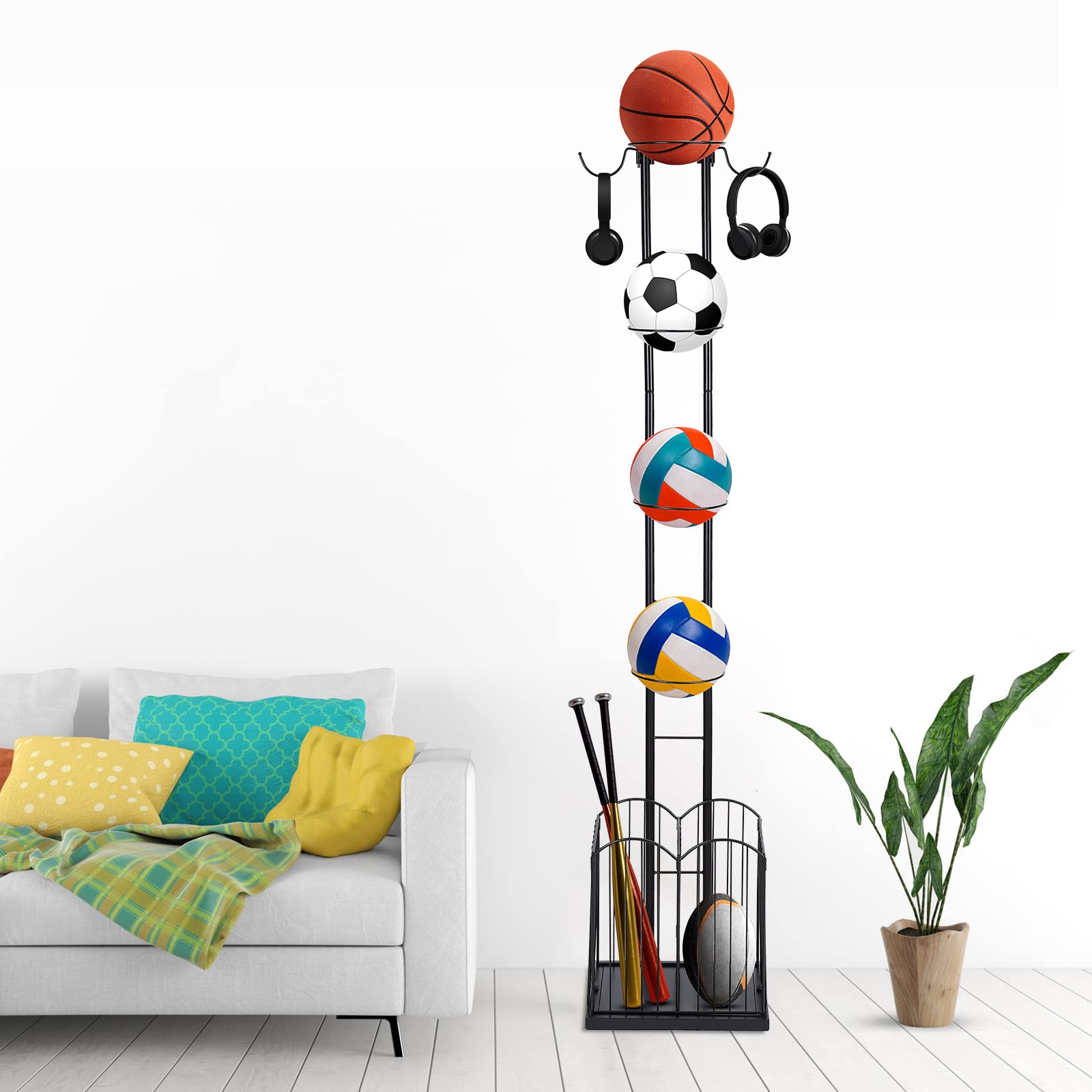 sourcing map Baloncesto Estabte, 5 Nivel Deportes Equipo Almacenamiento Organizador con Cesta y Ganchos Adecuado para Voleibol Fútbol Baloncesto Bádminton, Negro